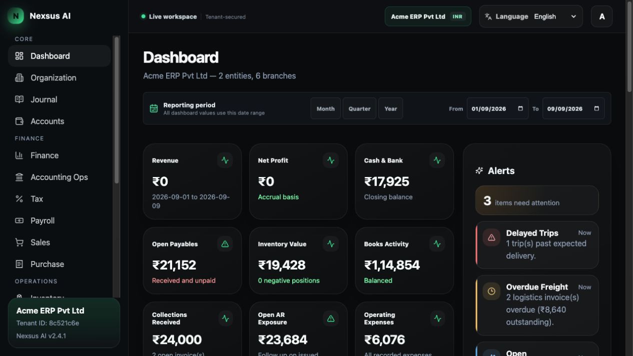 Nexsus AI ERP dashboard showing cash, receivables, inventory, expenses, logistics and operational alerts