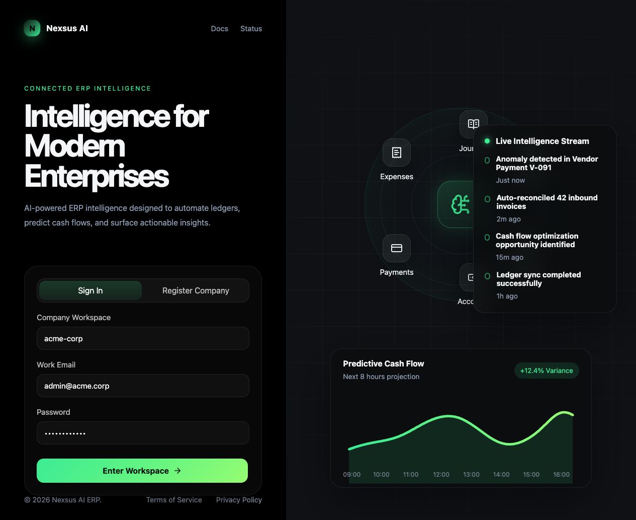 Nexsus AI ERP workspace screen showing connected ERP intelligence, operational modules and predictive cash flow visualization