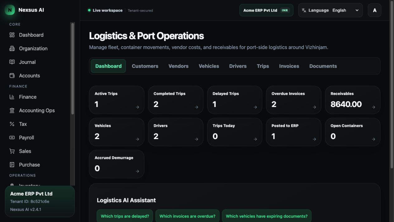 Nexsus AI ERP logistics dashboard showing trips, vehicles, drivers, receivables and AI-assisted operational questions