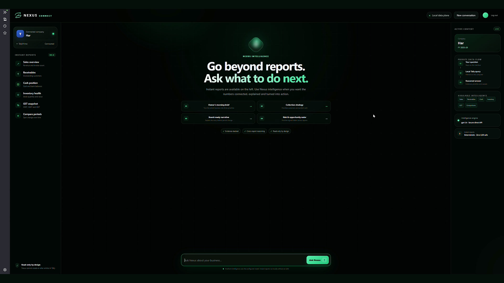 Nexus Connect dashboard with instant Tally reports and intelligence workflows