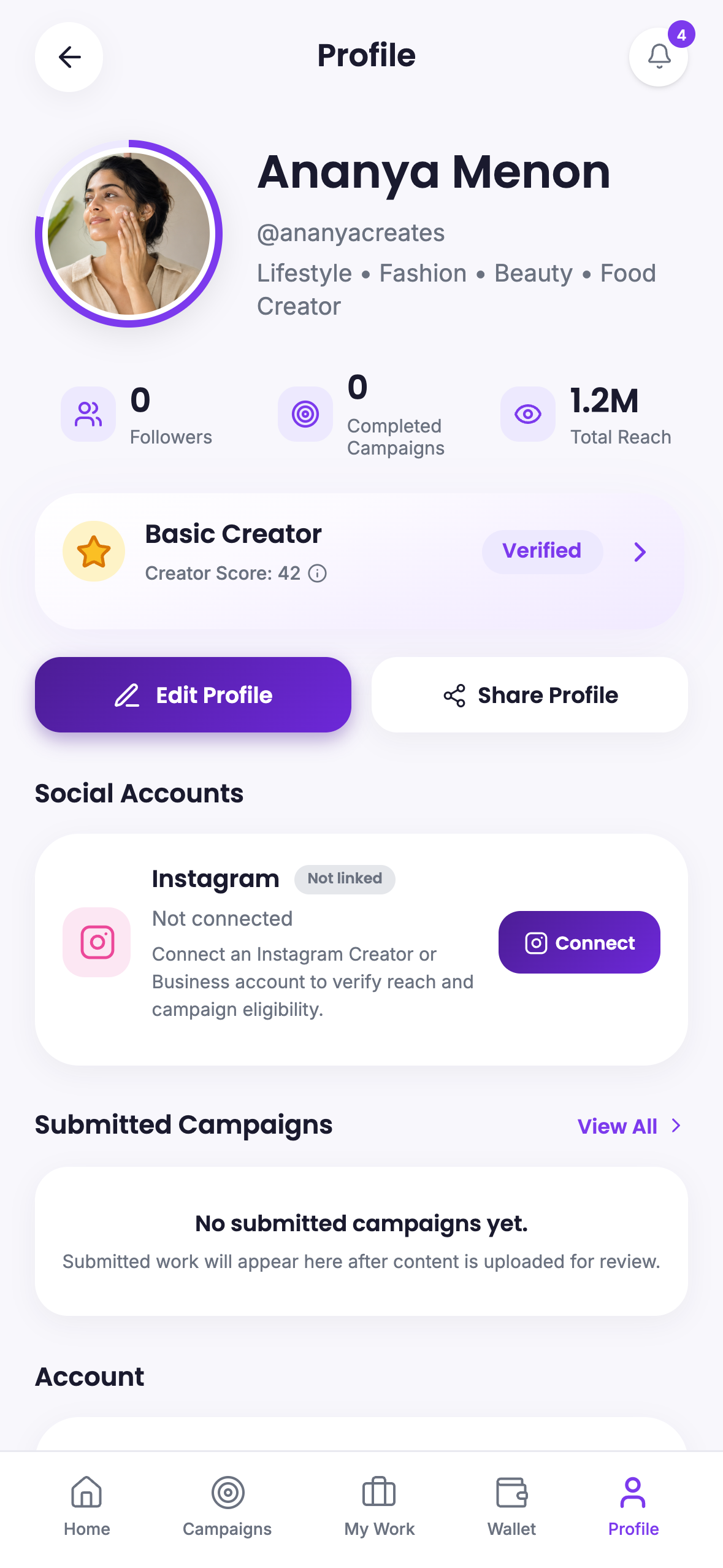 Visibility creator app creator profile screen