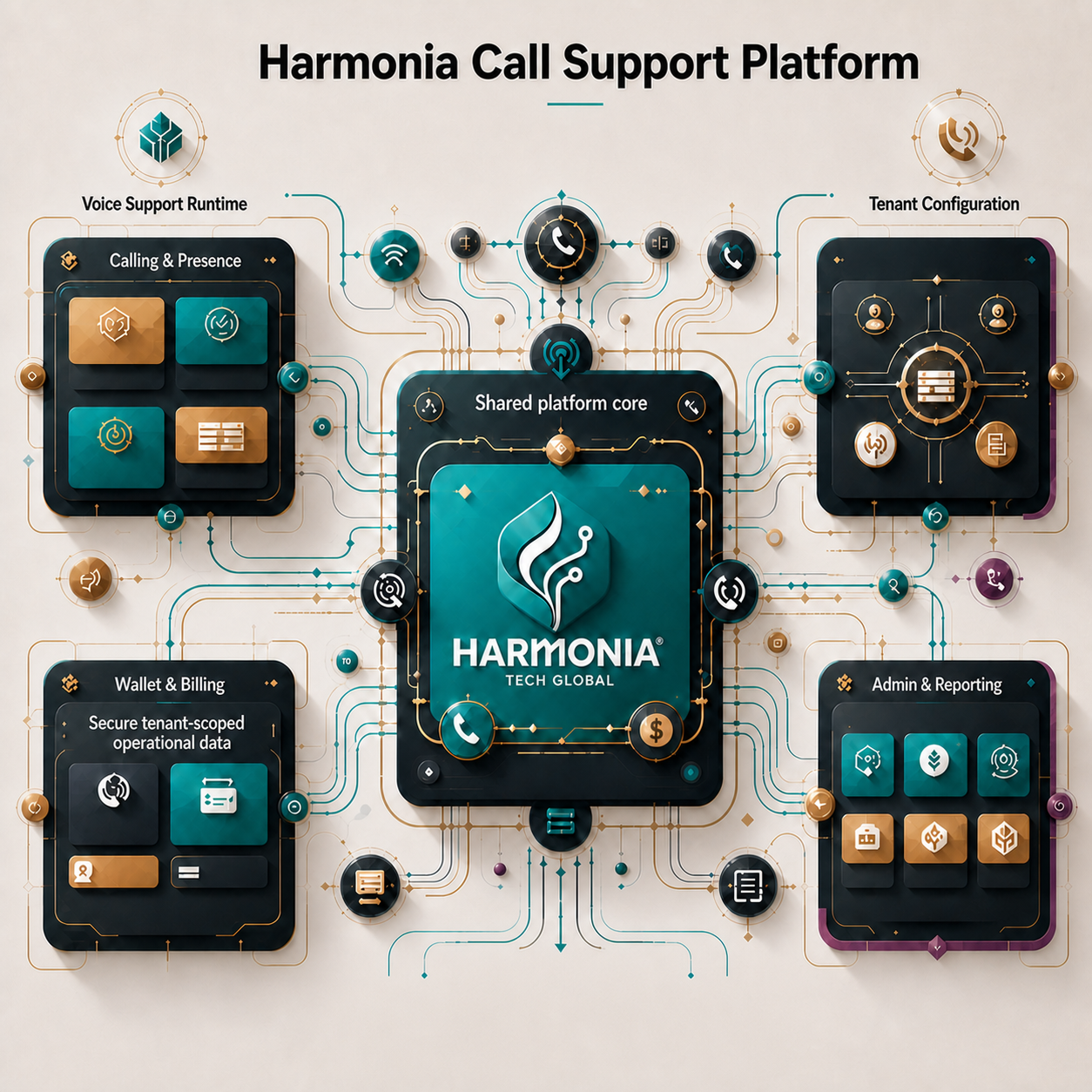 Harmonia Call Support Platform infrastructure showing voice support runtime, calling and presence, tenant configuration, wallet and billing, admin and reporting, and generic tenant deployments
